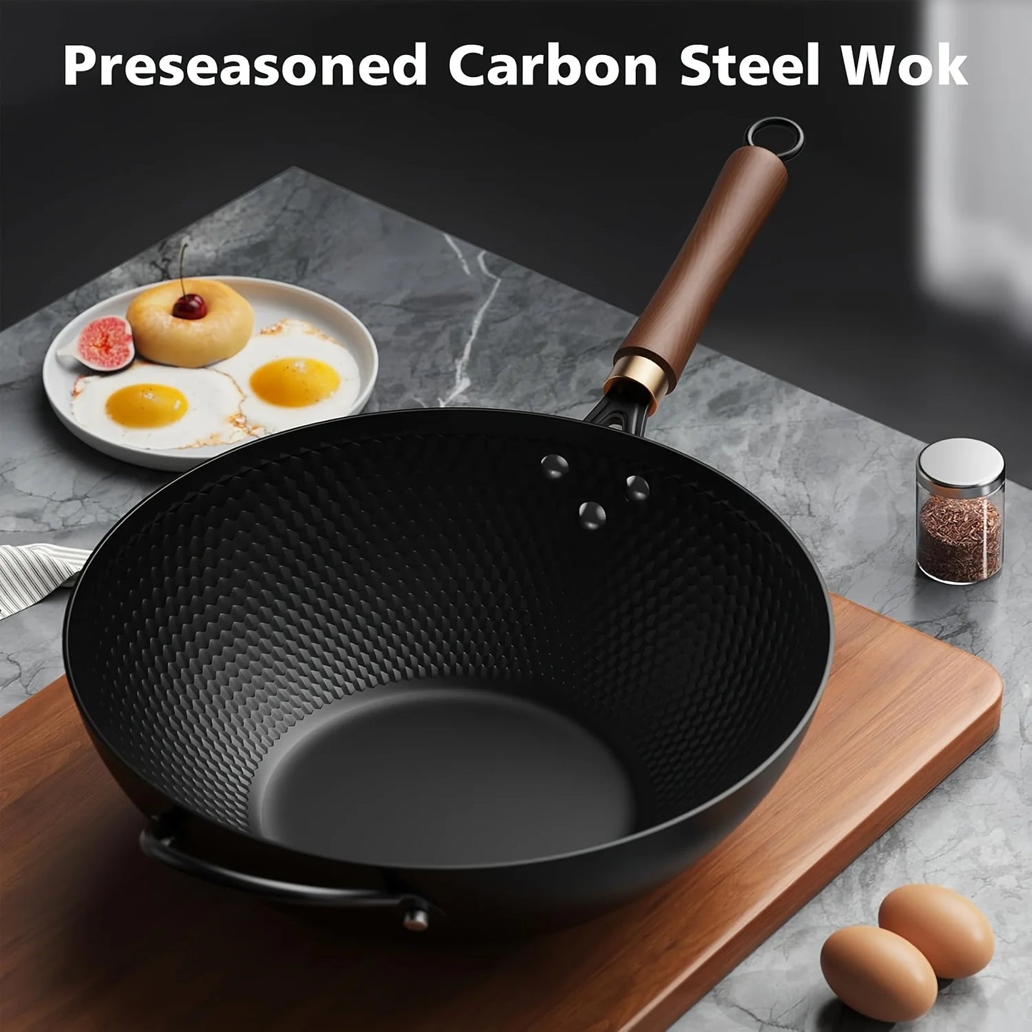 1 Set Cast Iron Wok with Lid- 13.35-Inch Nonstick Frying Pan, Flat Bottom Carbon Steel Cookware Induction Nonstick Wok, Woks & Stir-Fry Pans for Induction, Electric, Gas, Halogen, All Stoves