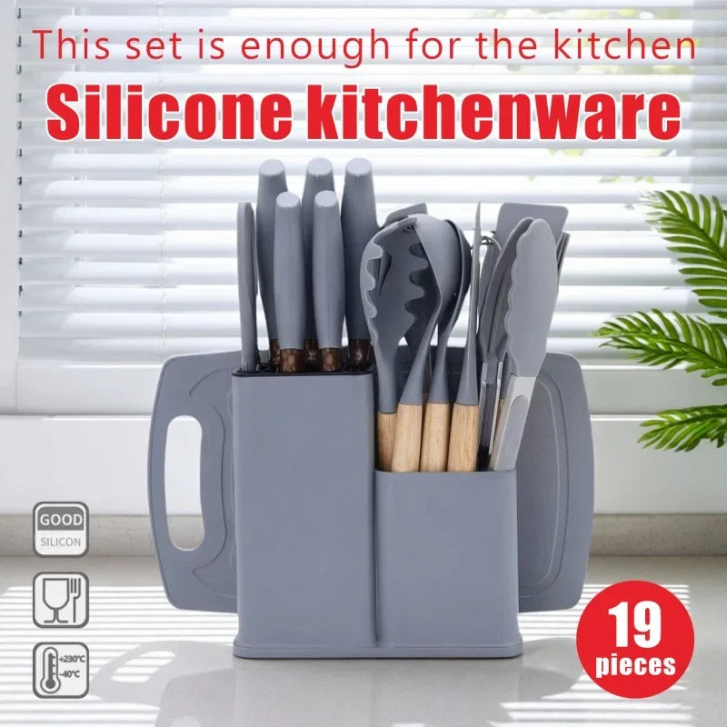19 In 1 Kitchen Knife And Silicone Utensil Set Heat Resistant Tools