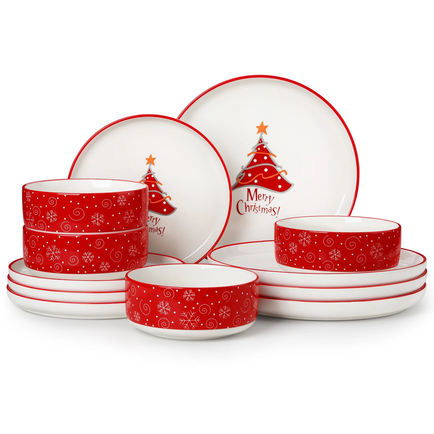 MALACASA Christmas Tree Ceramic Dinnerware Set Plates Bowls Mugs