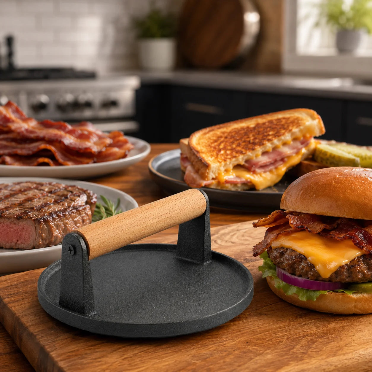 MoMoxi Smashed Burger Press With Wood Handle For Nonstick Pan