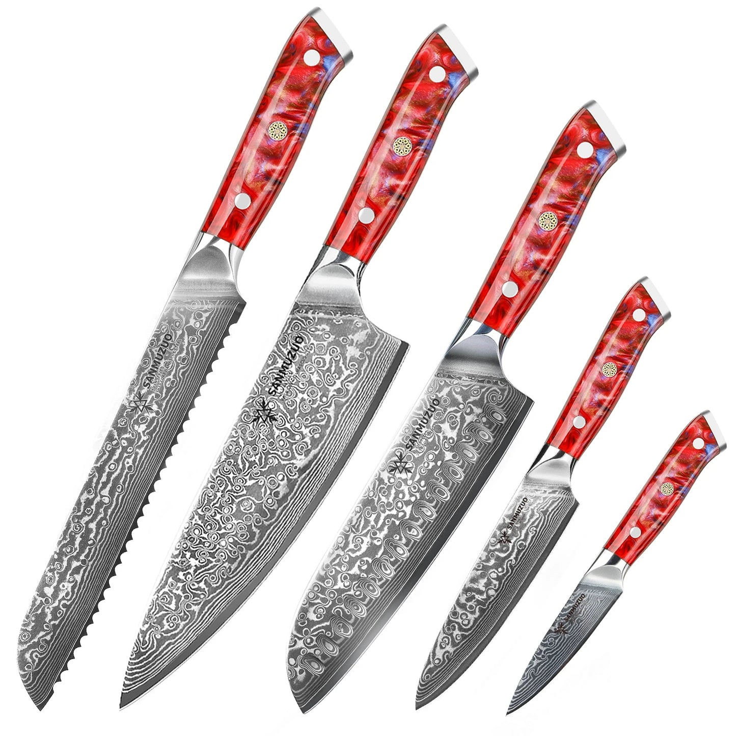 Damascus Steel Kitchen Knife Set With Resin Handles Chef Santoku Bread Paring