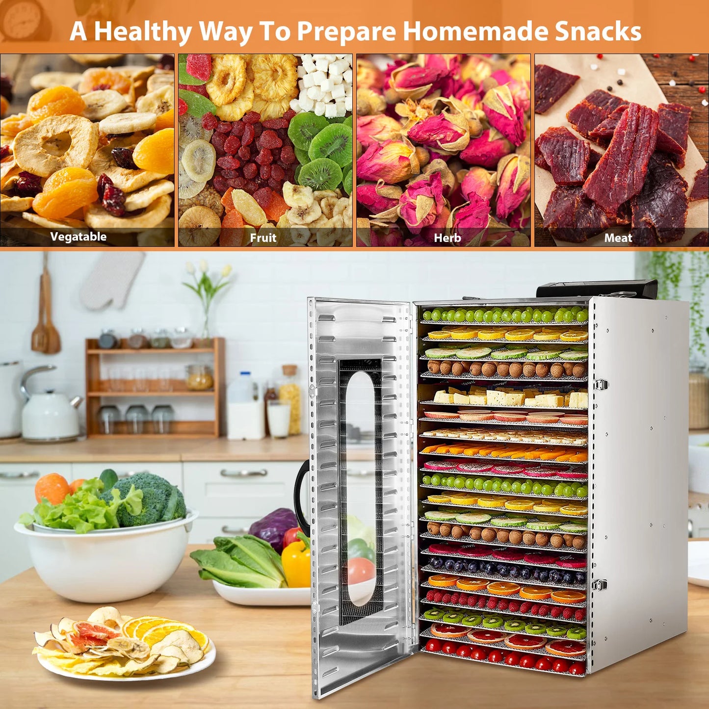 SHICUO Commercial Food Dehydrator 110V 1500W Stainless Steel 20 Tray