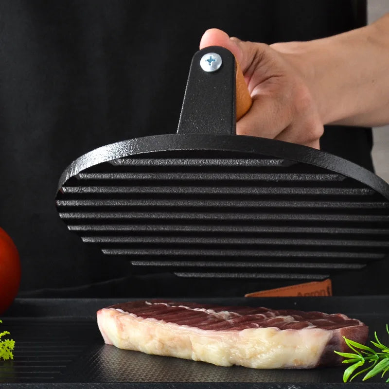 Cast Iron Barbecue Meat Press Plate For Round Hamburgers And Steaks