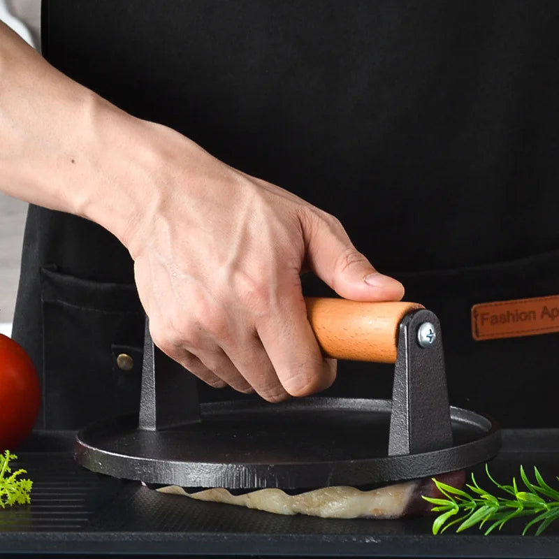 Cast Iron Barbecue Meat Press Plate For Round Hamburgers And Steaks