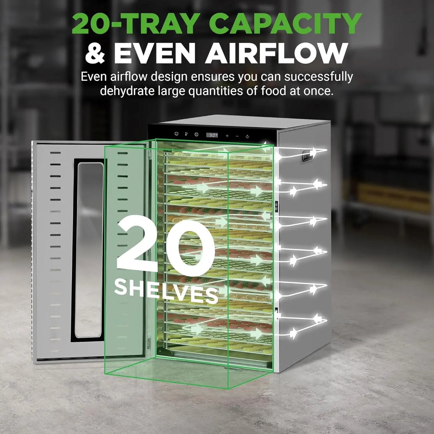 SHICUO Commercial Food Dehydrator 110V 1500W Stainless Steel 20 Tray