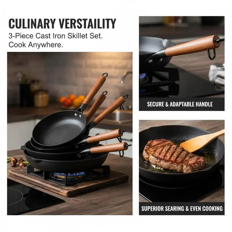 Cast Iron Cookware Set 3-Piece Frying Pans With Detachable Wood Handles