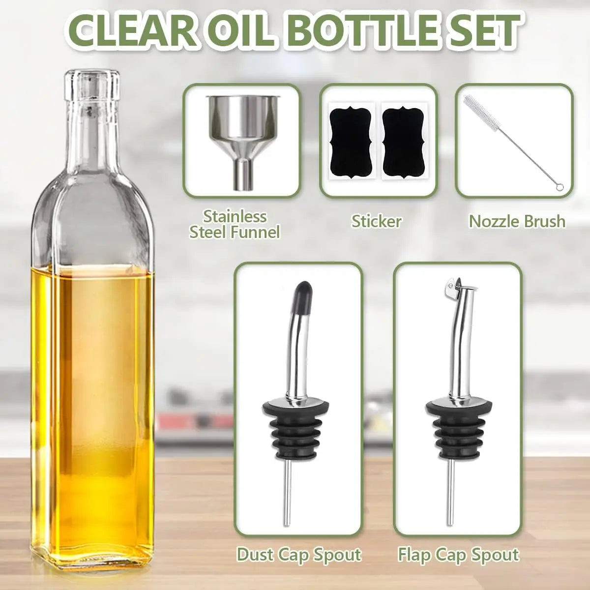 Clear Glass Olive Oil Dispenser with Stainless Pourers and Accessories