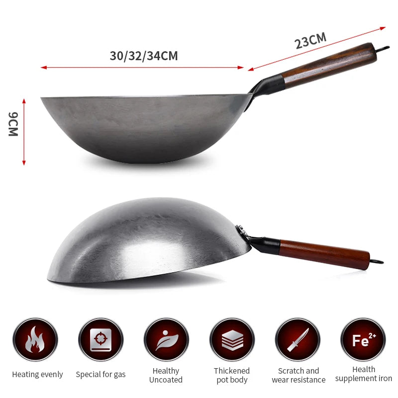 Hand Forged Iron Wok With Wooden Handle For Gas Stove
