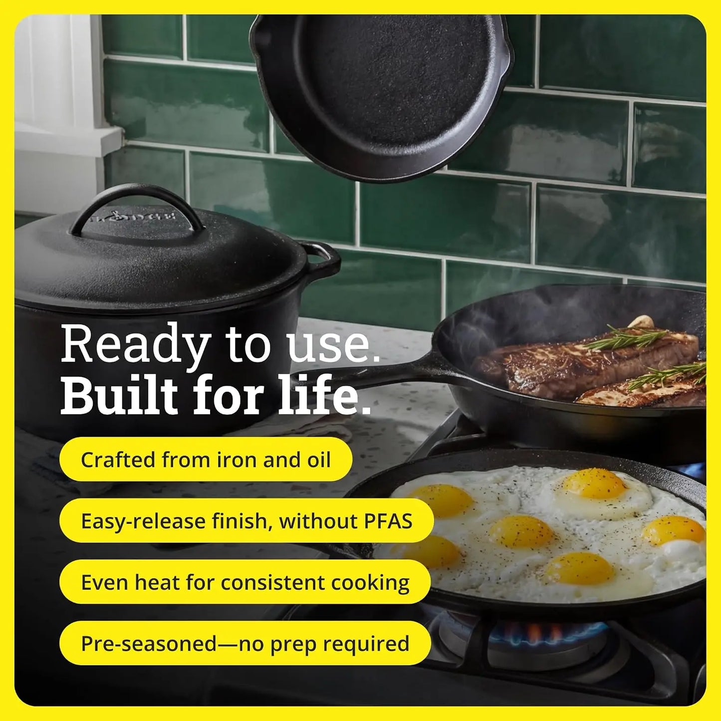 5-Piece Cast Iron Cookware Set Preseasoned Skillets Griddle Dutch Oven