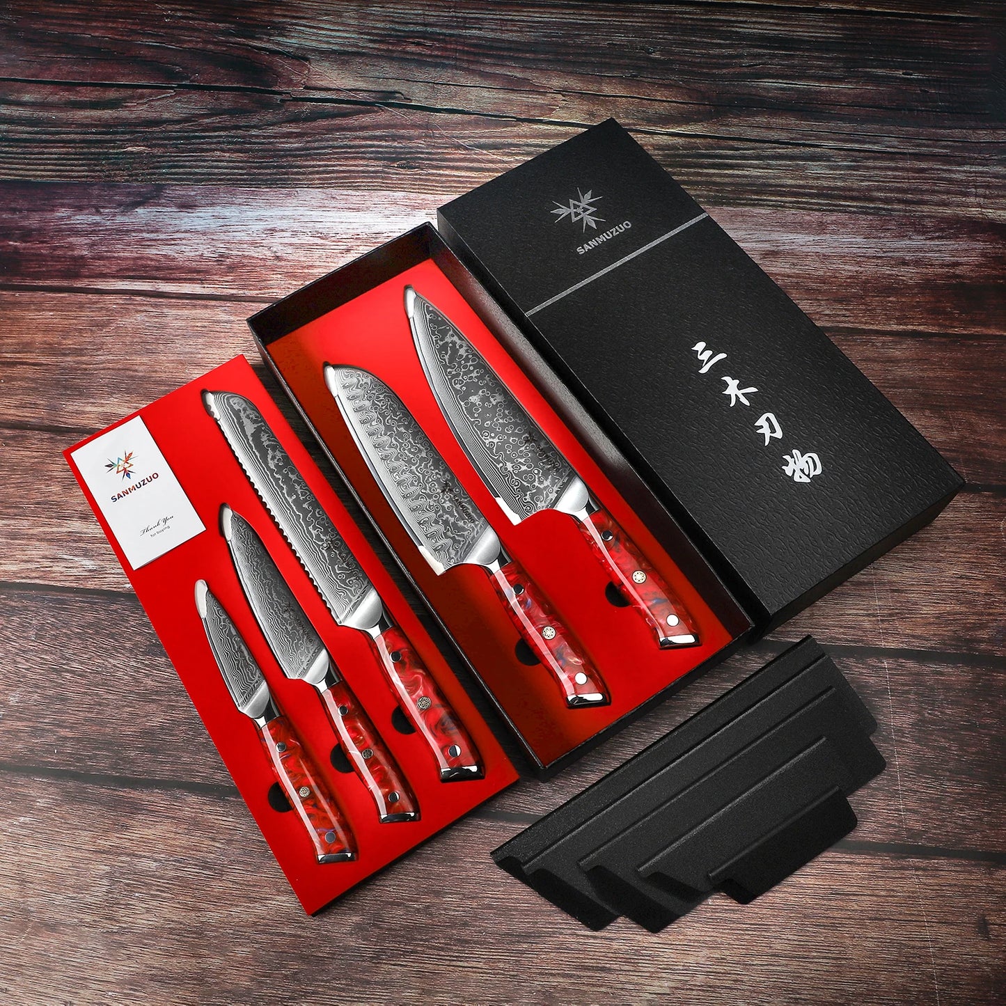 Damascus Steel Kitchen Knife Set With Resin Handles Chef Santoku Bread Paring