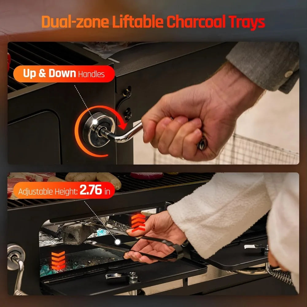 Charcoal Dual-Zone Grill Smoker With Foldable Side Tables