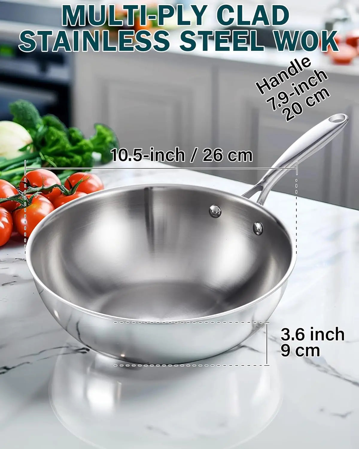 Stainless Steel Wok With Lid Induction Compatible Durable