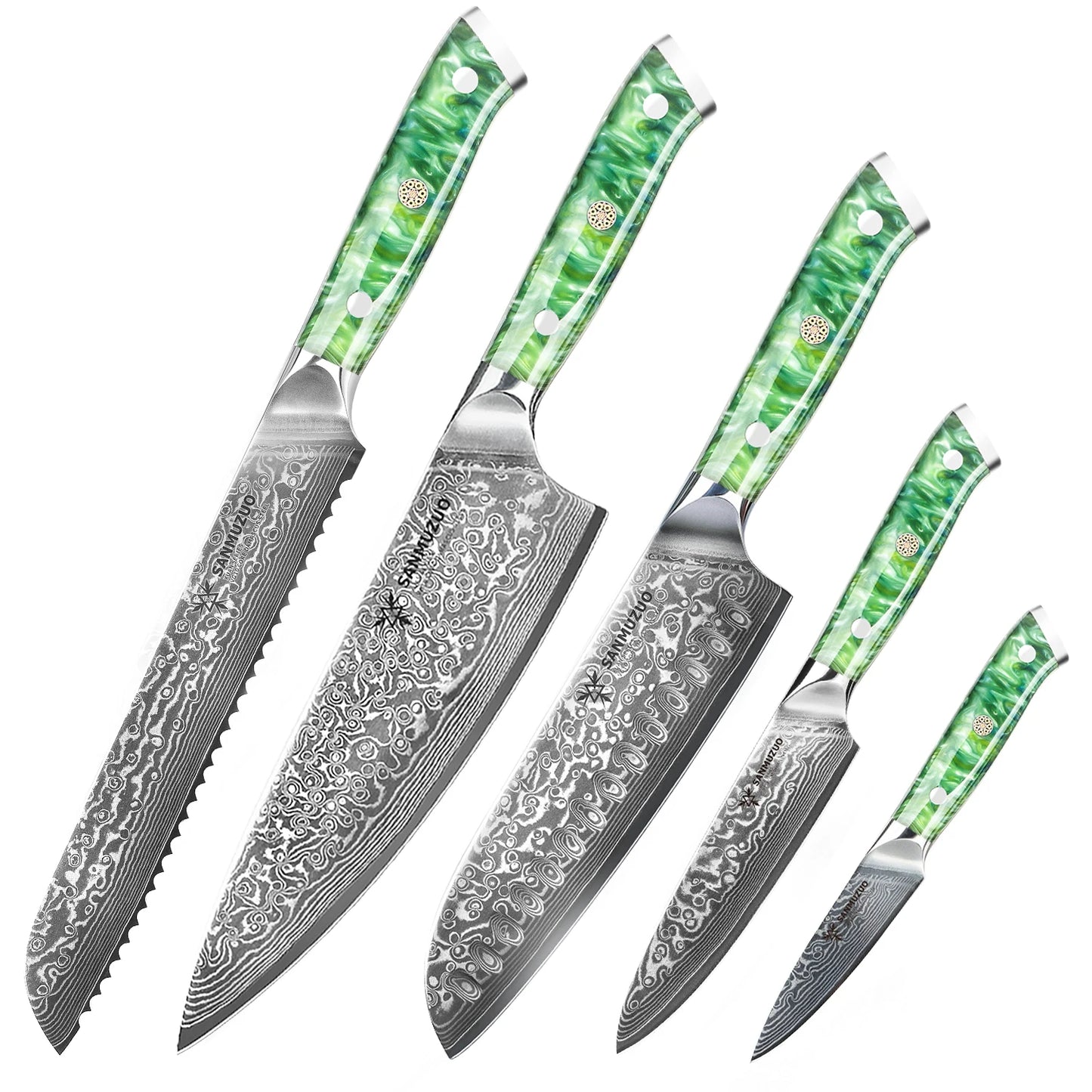 Damascus Steel Kitchen Knife Set With Resin Handles Chef Santoku Bread Paring