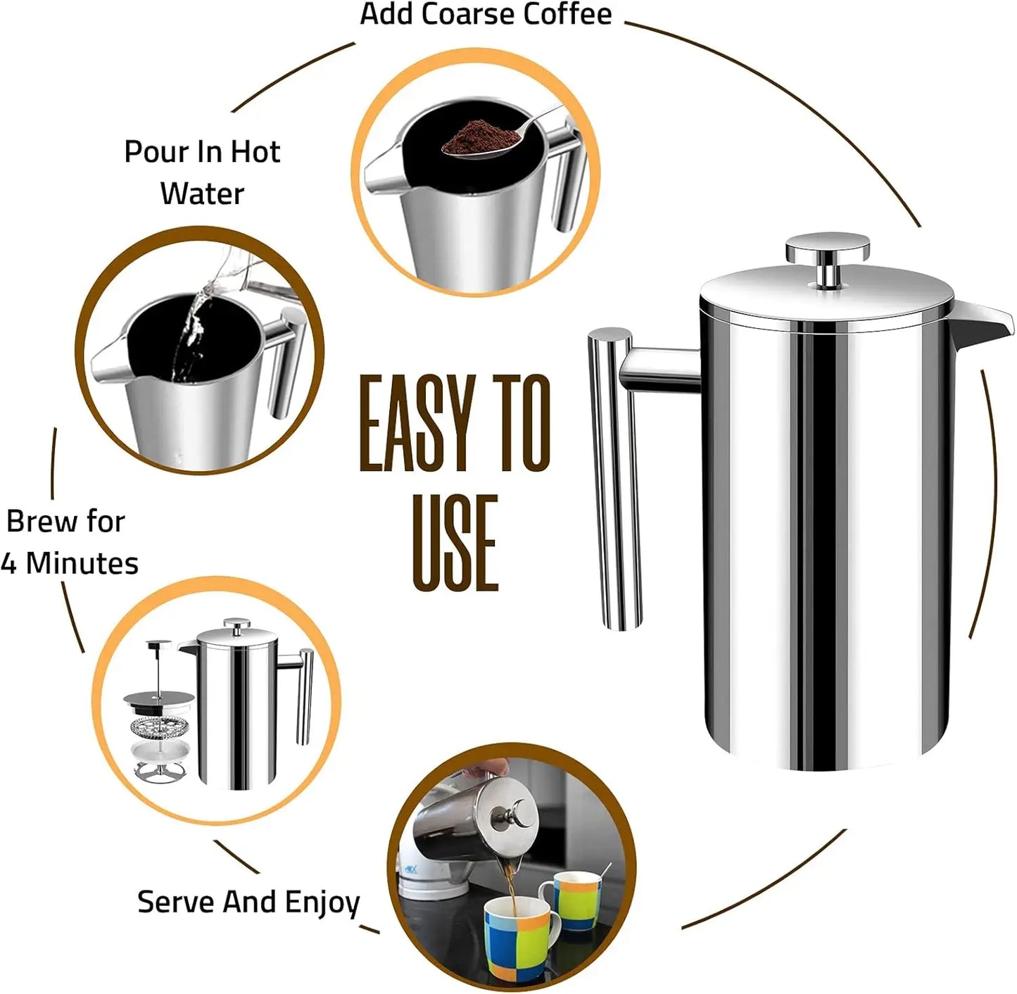 Stainless Steel French Press Coffee Maker With Double Wall Insulation