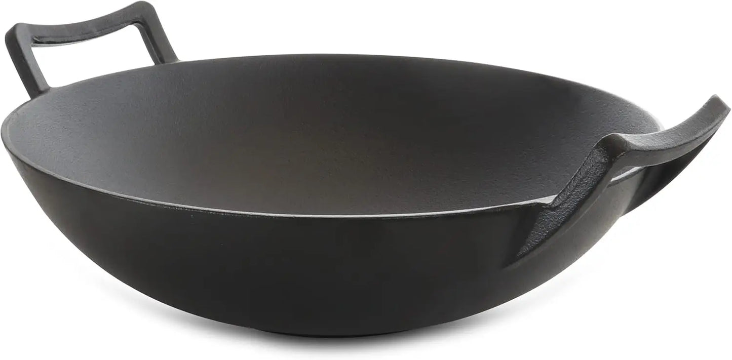 14 Inch Pre-Seasoned Cast Iron Wok with Lid for Stovetop Oven BBQ Campfire Cooking