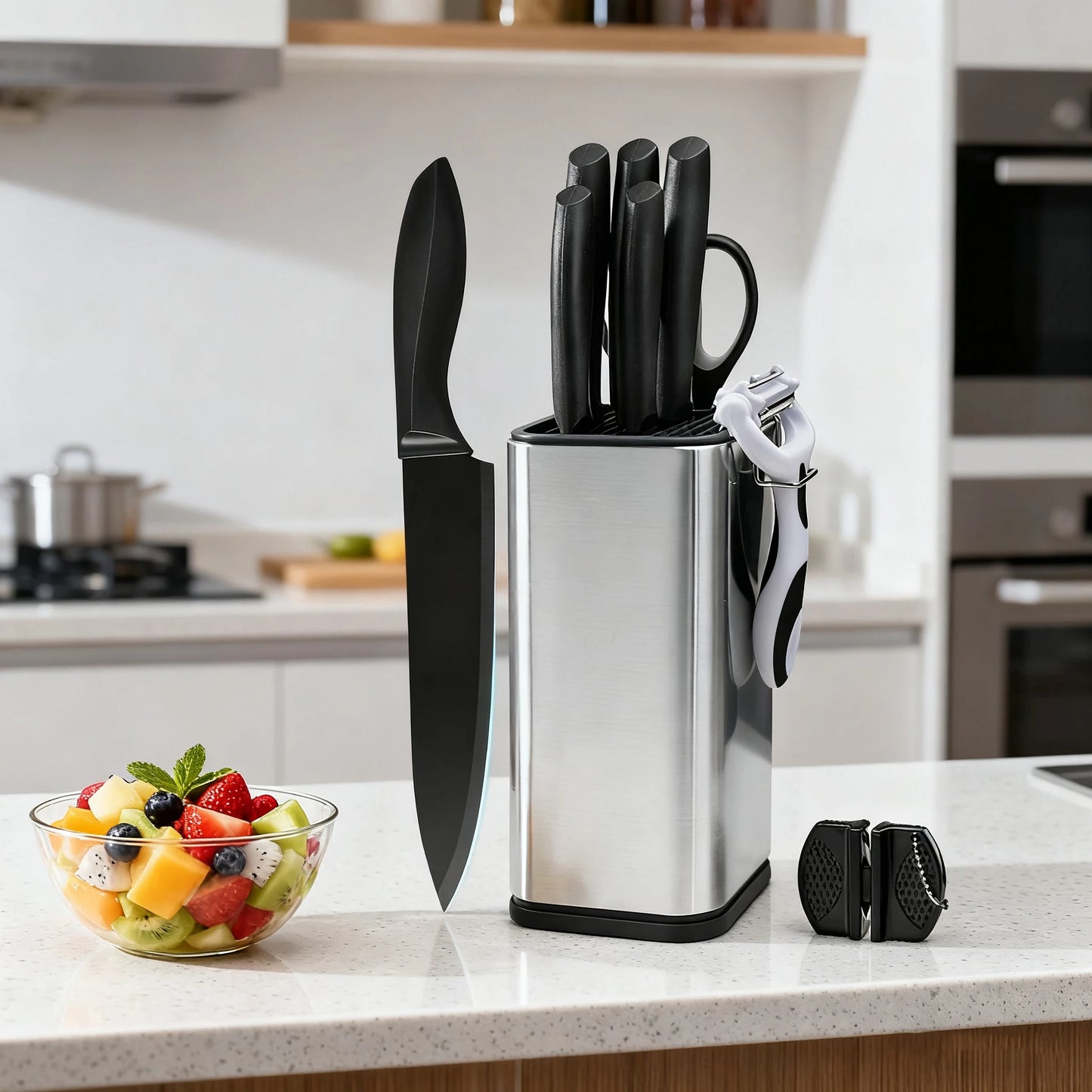 10Pcs Black Coated Kitchen Knife Set with Stainless Steel Universal Knife Block, Sharp Chef Bread Paring Knives + Peeler Scissors Mini Sharpener, Multi-purpose Household Cooking Cutlery Gift Set