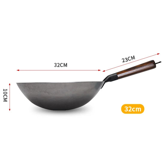 Hand Forged Iron Wok With Wooden Handle For Gas Stove