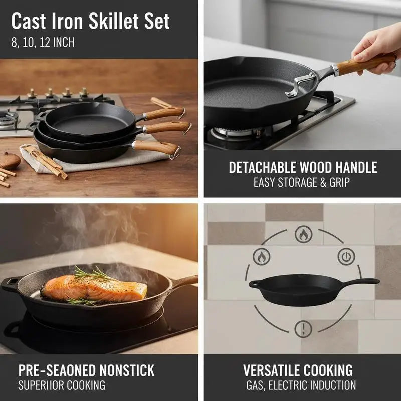 Cast Iron Cookware Set 3-Piece Frying Pans With Detachable Wood Handles
