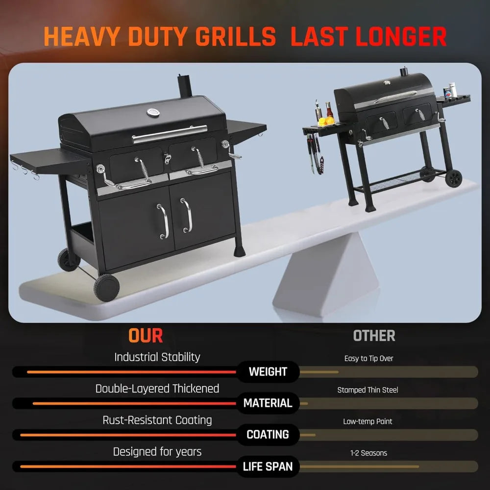 Charcoal Dual-Zone Grill Smoker With Foldable Side Tables