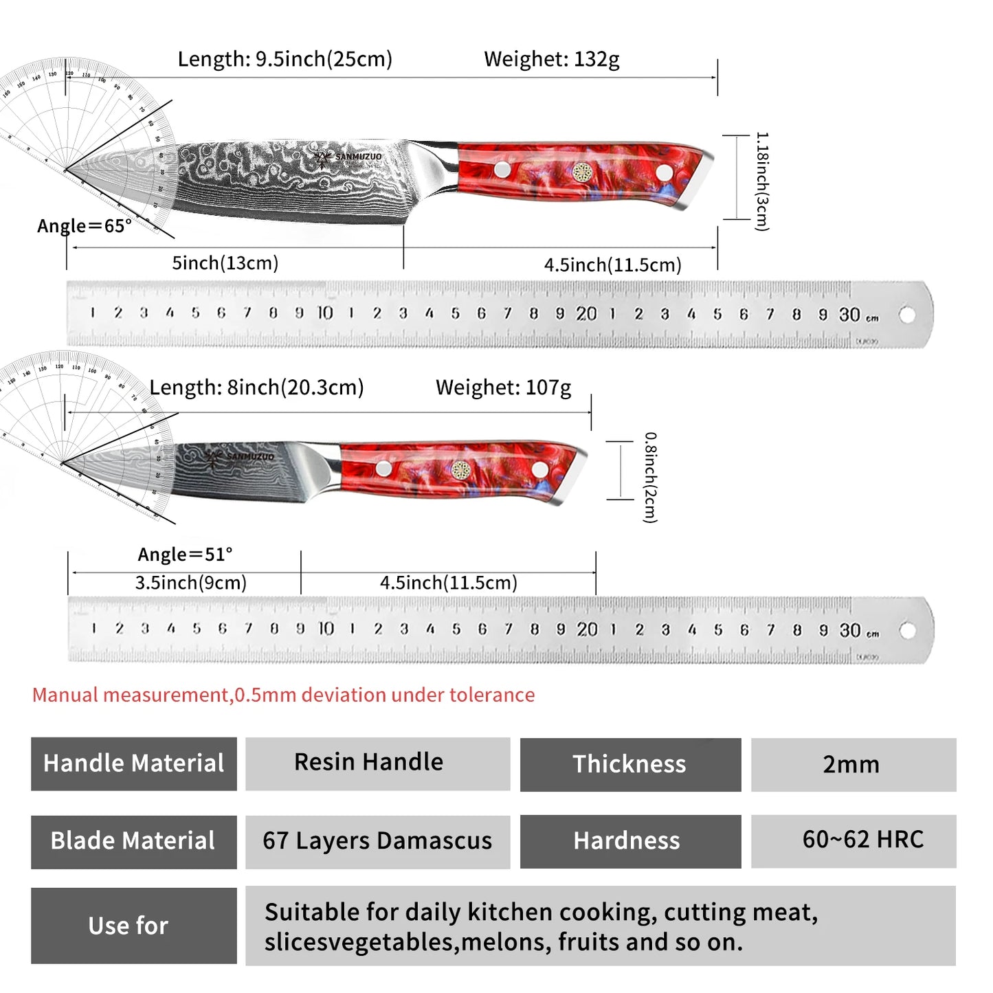 Damascus Steel Kitchen Knife Set With Resin Handles Chef Santoku Bread Paring