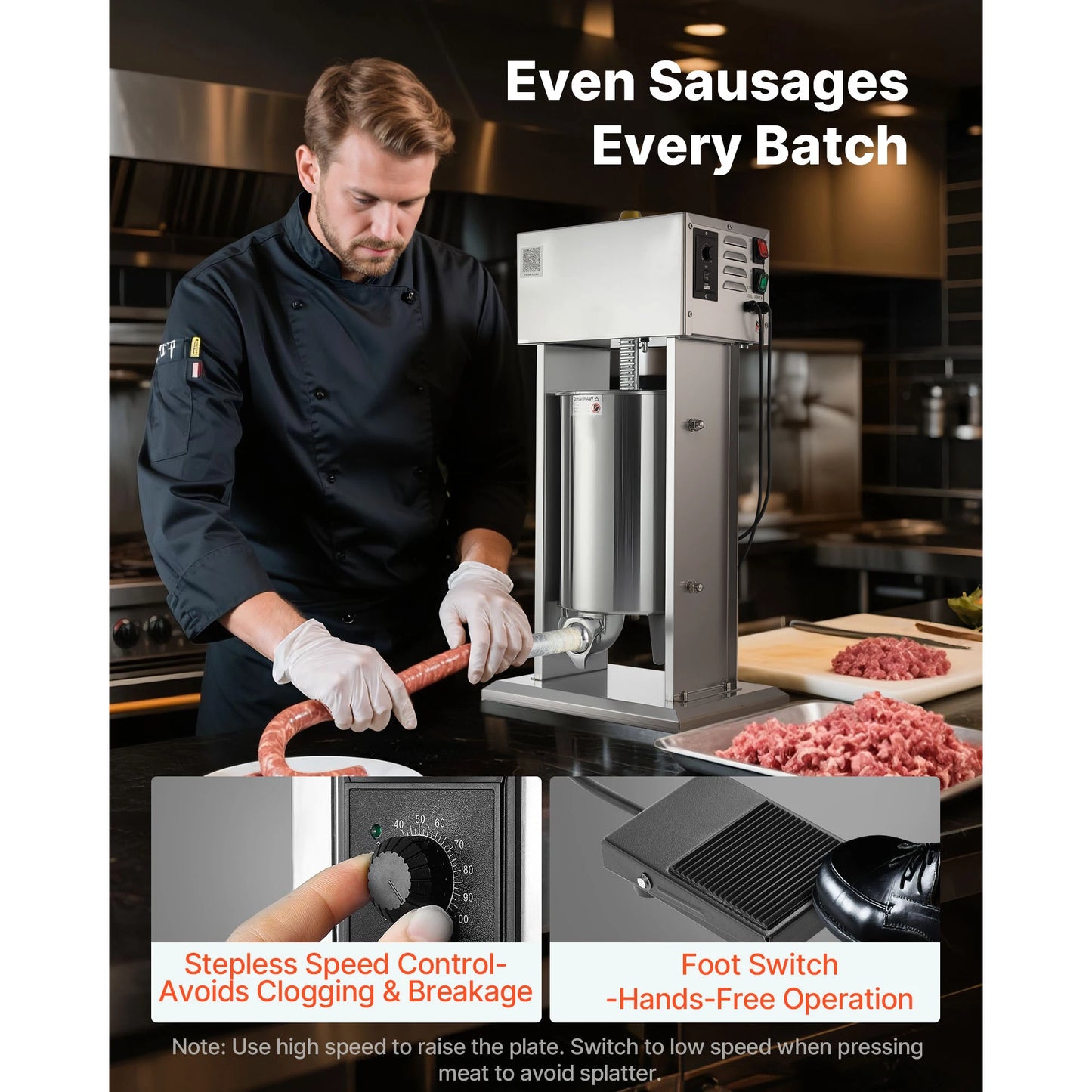 VEVOR Electric Sausage Stuffer Stepless Speed Control Four Tubes