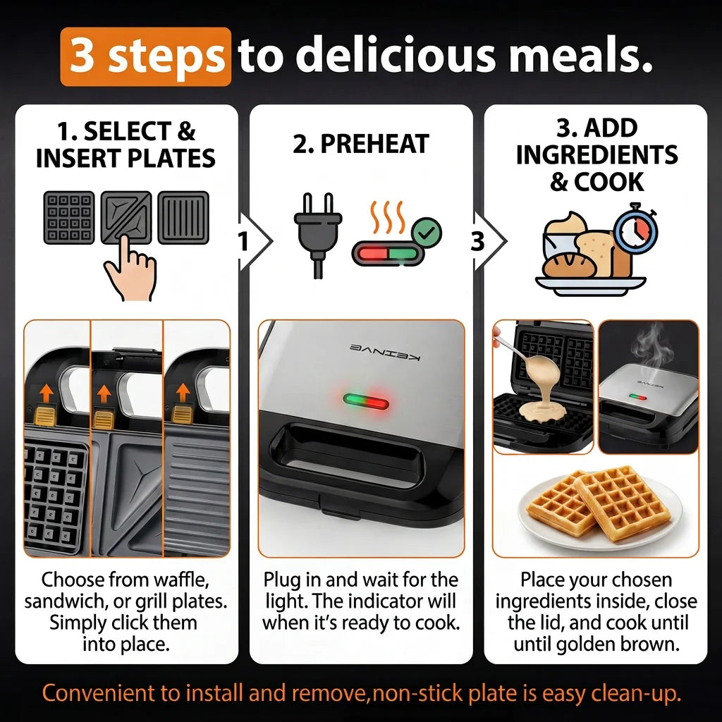 Cachoo 3-in-1 Sandwich Maker Panini Press And Waffle Iron