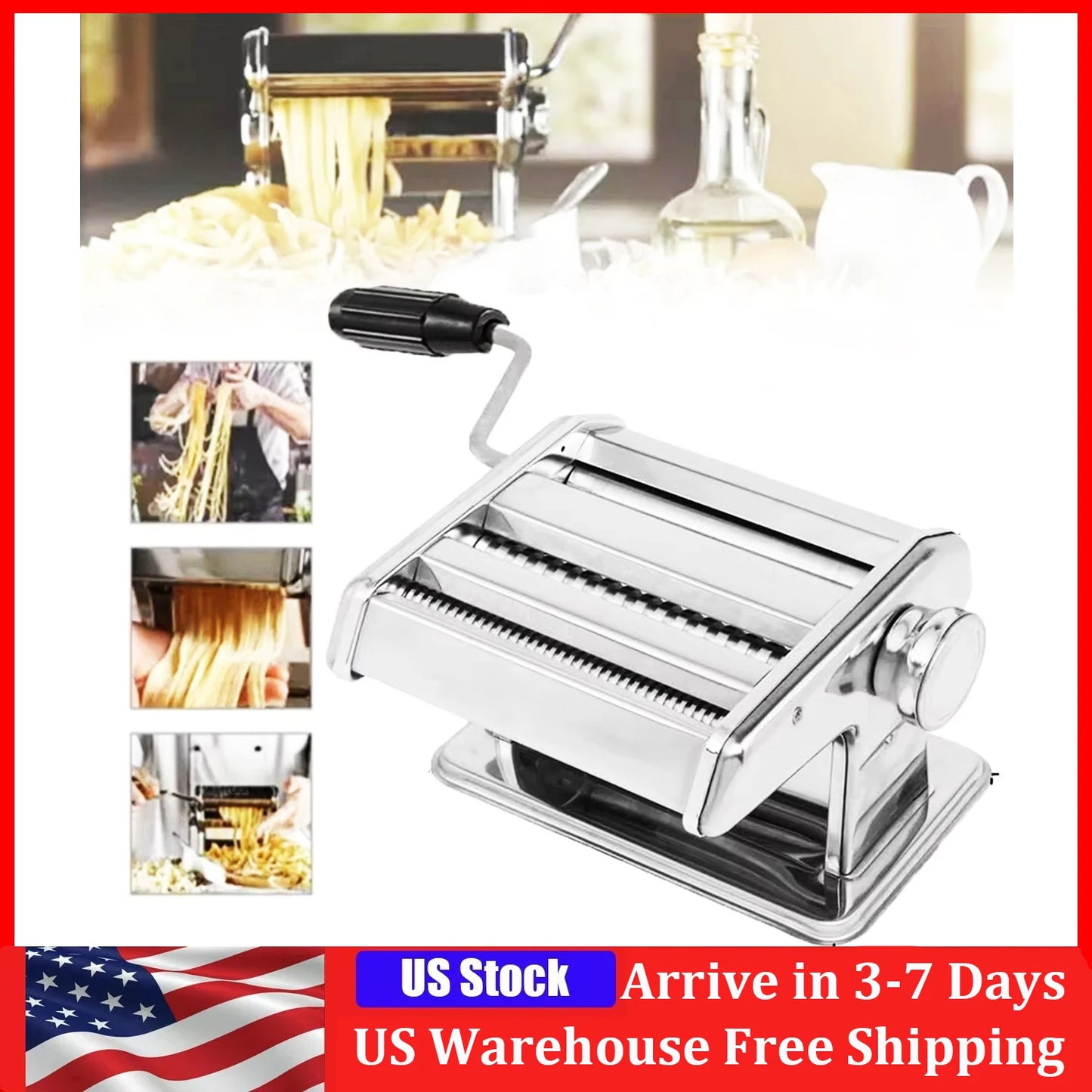 Stainless Steel Manual Pasta Maker Machine With Adjustable Width Two Cutters