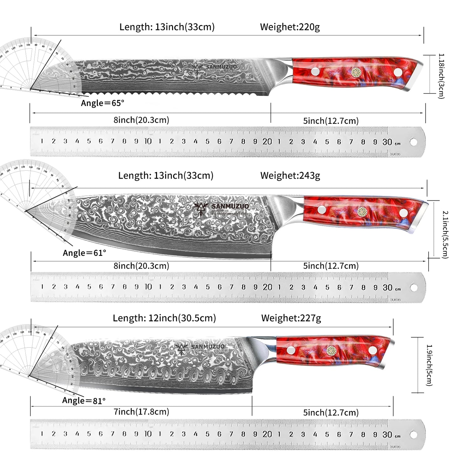 Damascus Steel Kitchen Knife Set With Resin Handles Chef Santoku Bread Paring