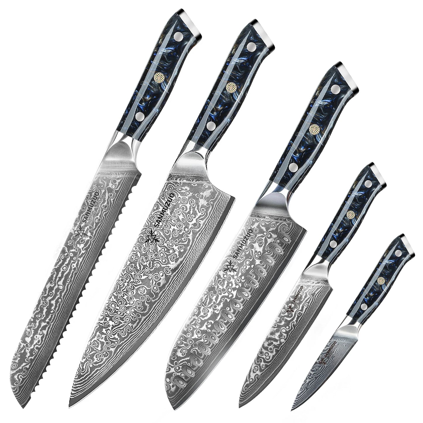 Damascus Steel Kitchen Knife Set With Resin Handles Chef Santoku Bread Paring