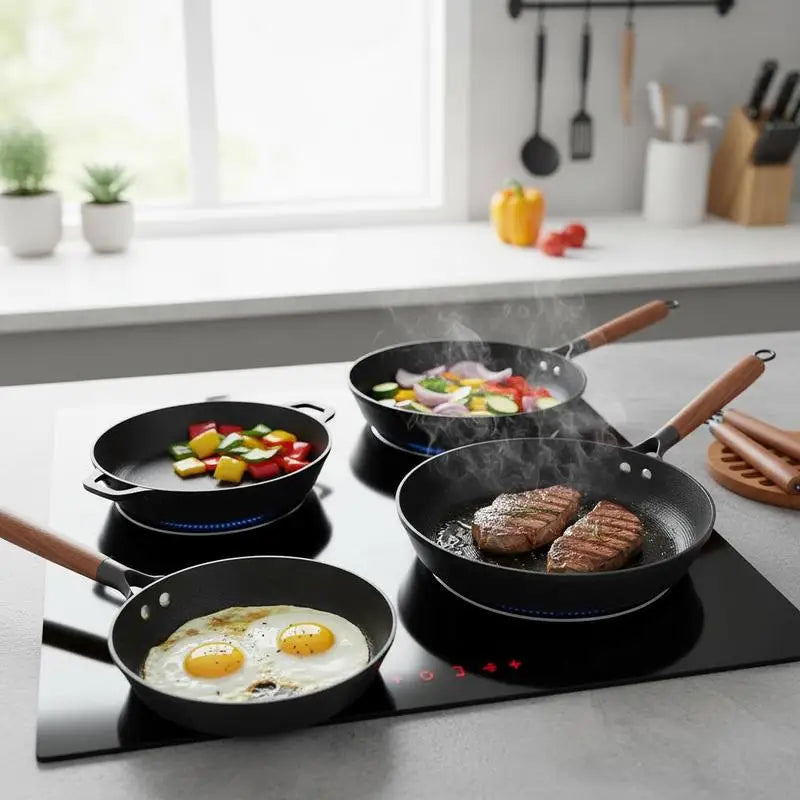 Cast Iron Cookware Set 3-Piece Frying Pans With Detachable Wood Handles