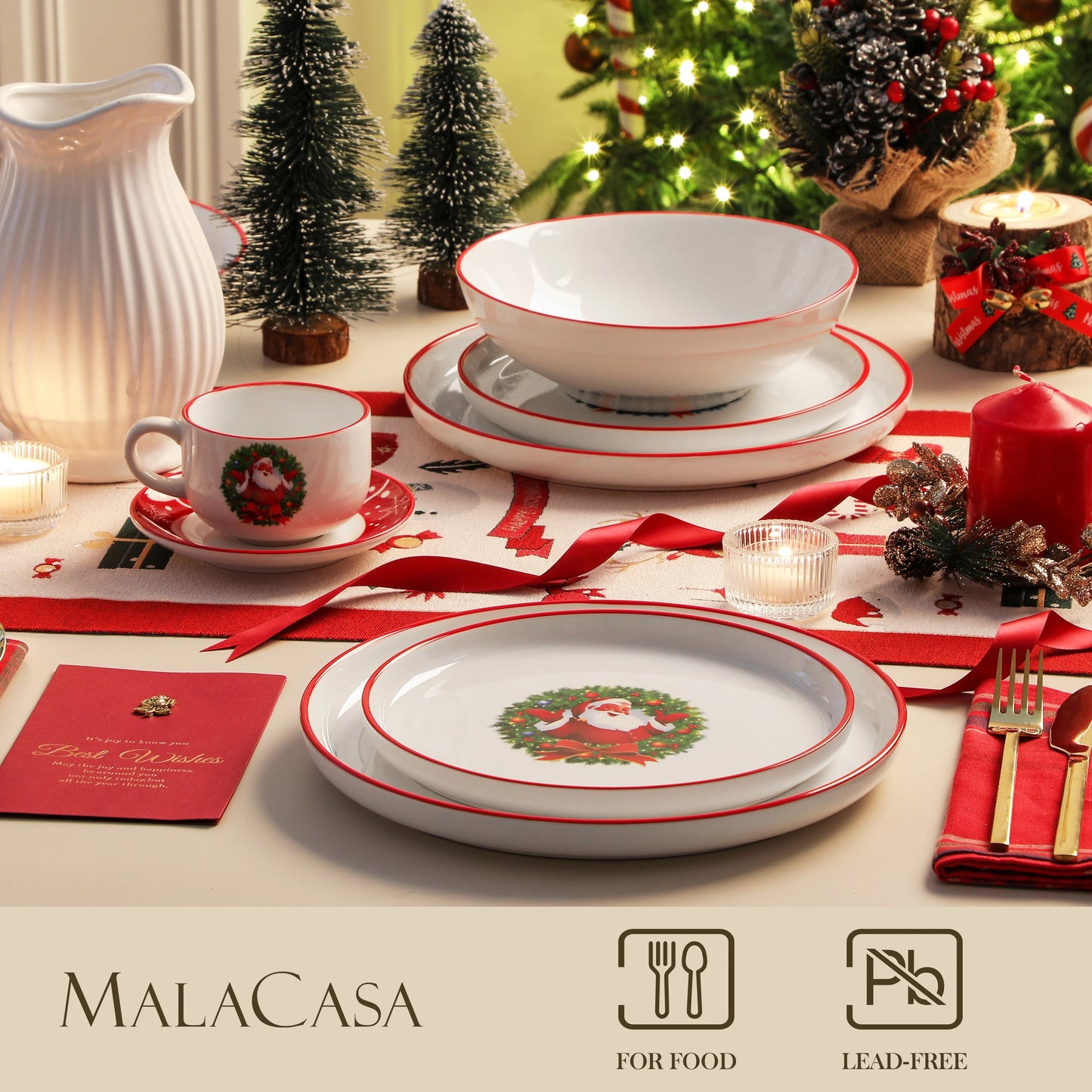 MALACASA Christmas Tree Ceramic Dinnerware Set Plates Bowls Mugs