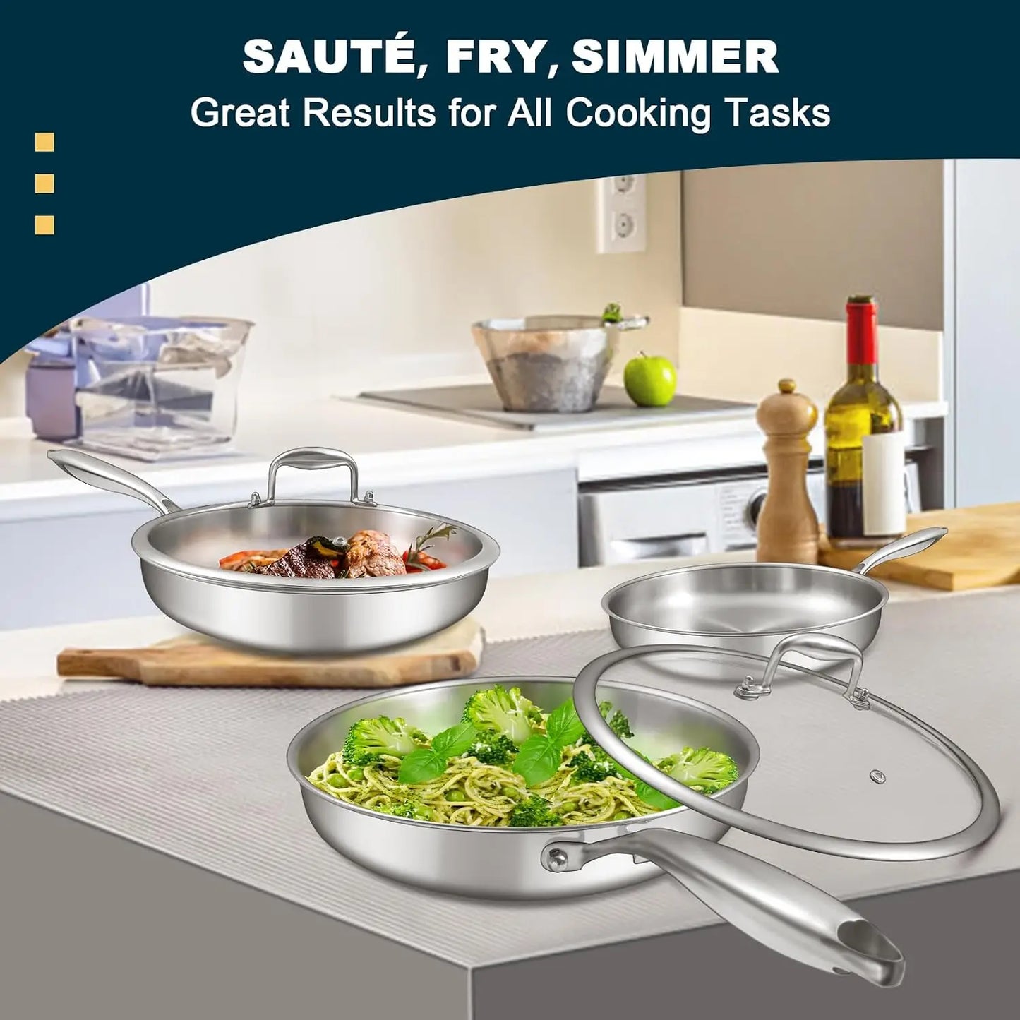 Tri Ply Stainless Frying Pan Set With Lids Induction Ready