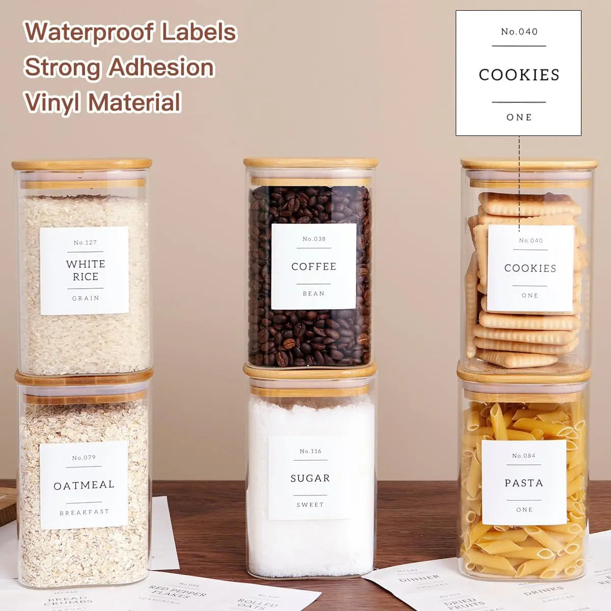 Square Glass Canisters Set With Airtight Lids And Pantry Labels