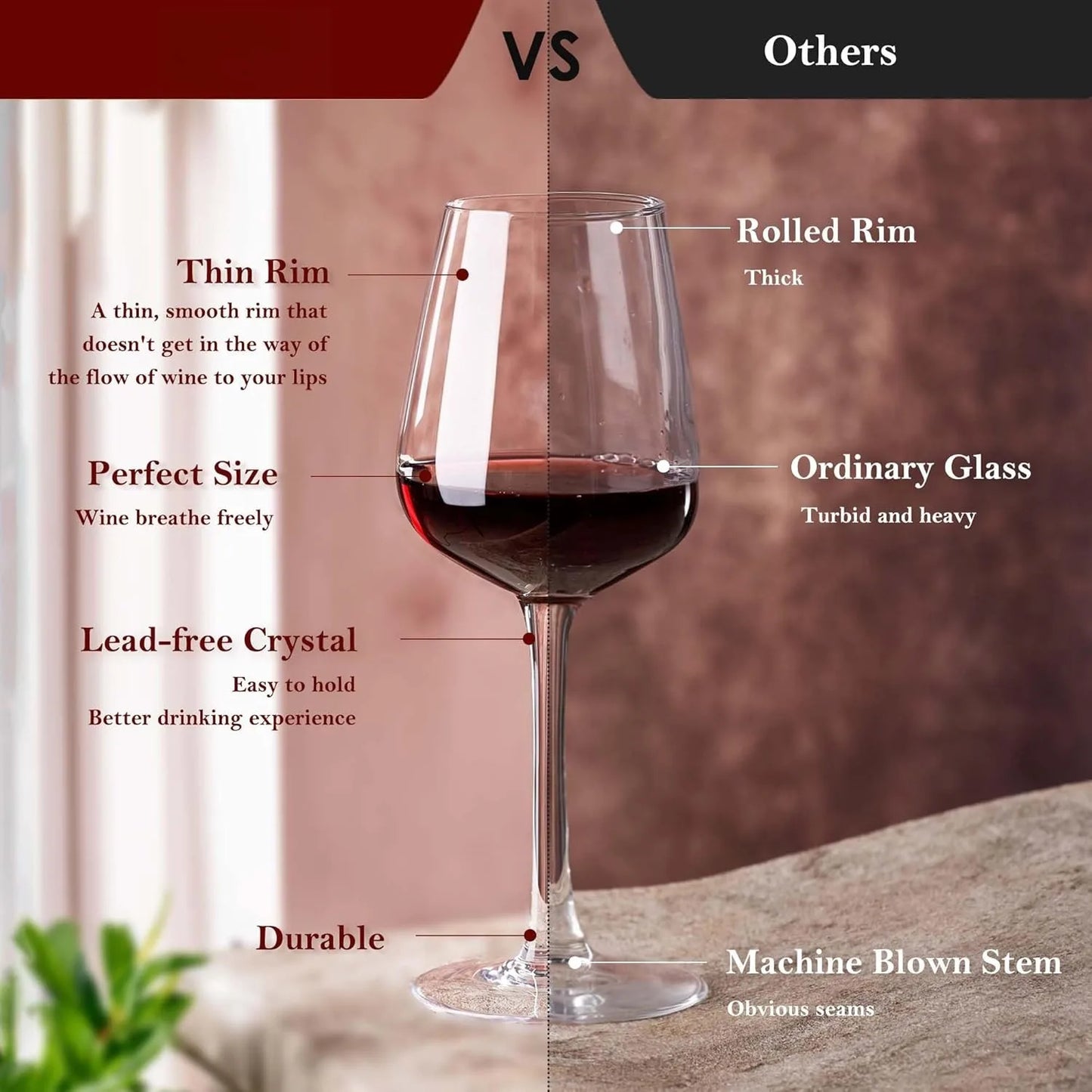 Lead Free Crystal Clear Wine Glasses Set Long Stem Goblets