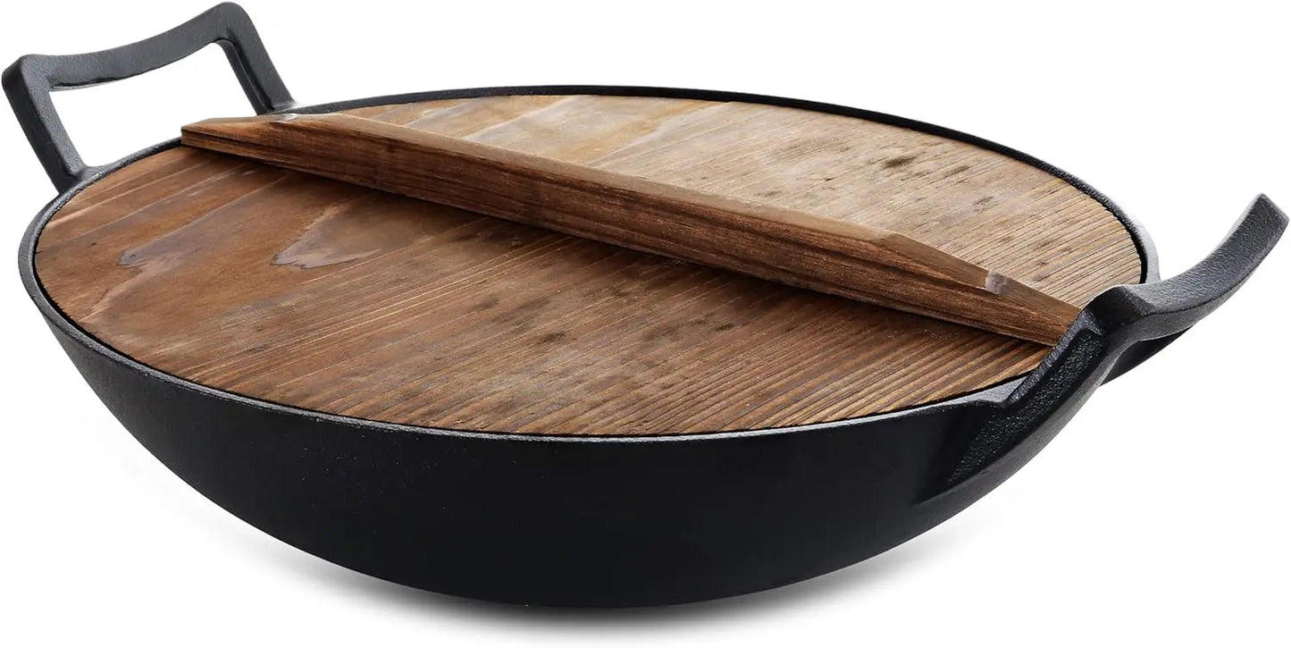 14 Inch Pre-Seasoned Cast Iron Wok with Lid for Stovetop Oven BBQ Campfire Cooking