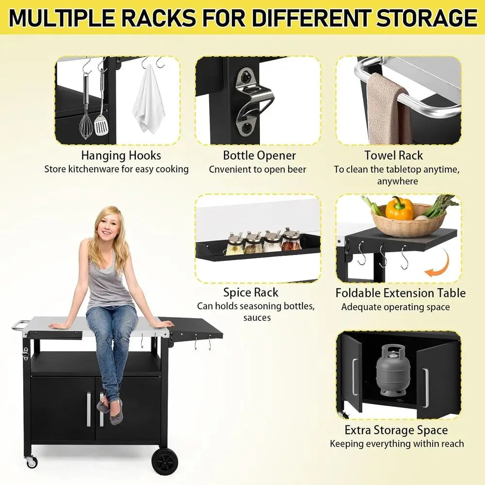 Portable Outdoor BBQ Cart With Storage And Stainless Steel Top