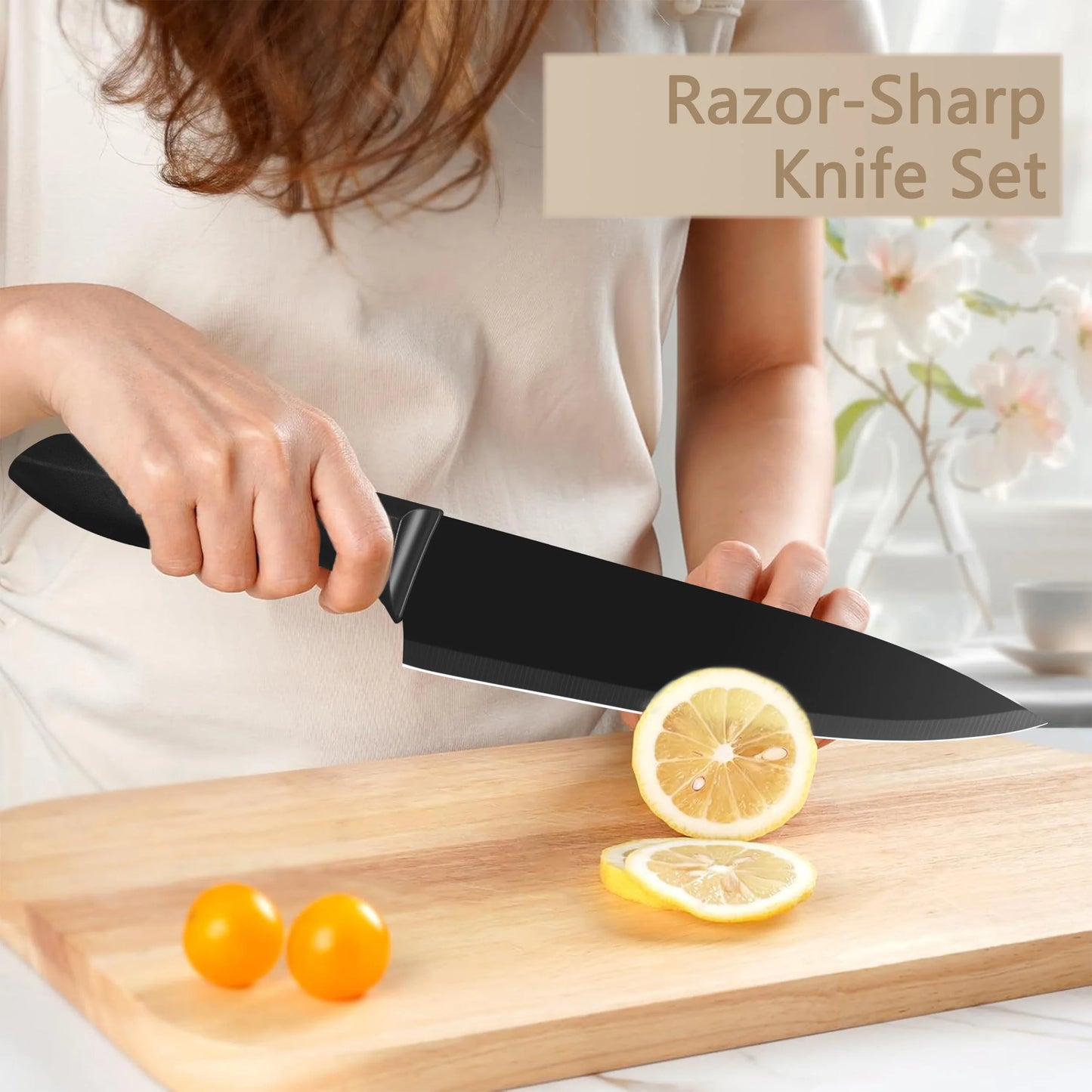 10Pcs Black Coated Kitchen Knife Set with Stainless Steel Universal Knife Block, Sharp Chef Bread Paring Knives + Peeler Scissors Mini Sharpener, Multi-purpose Household Cooking Cutlery Gift Set