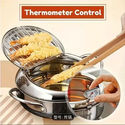 Japanese Tempura Deep Fryer Pot 304 Stainless Steel With Thermometer