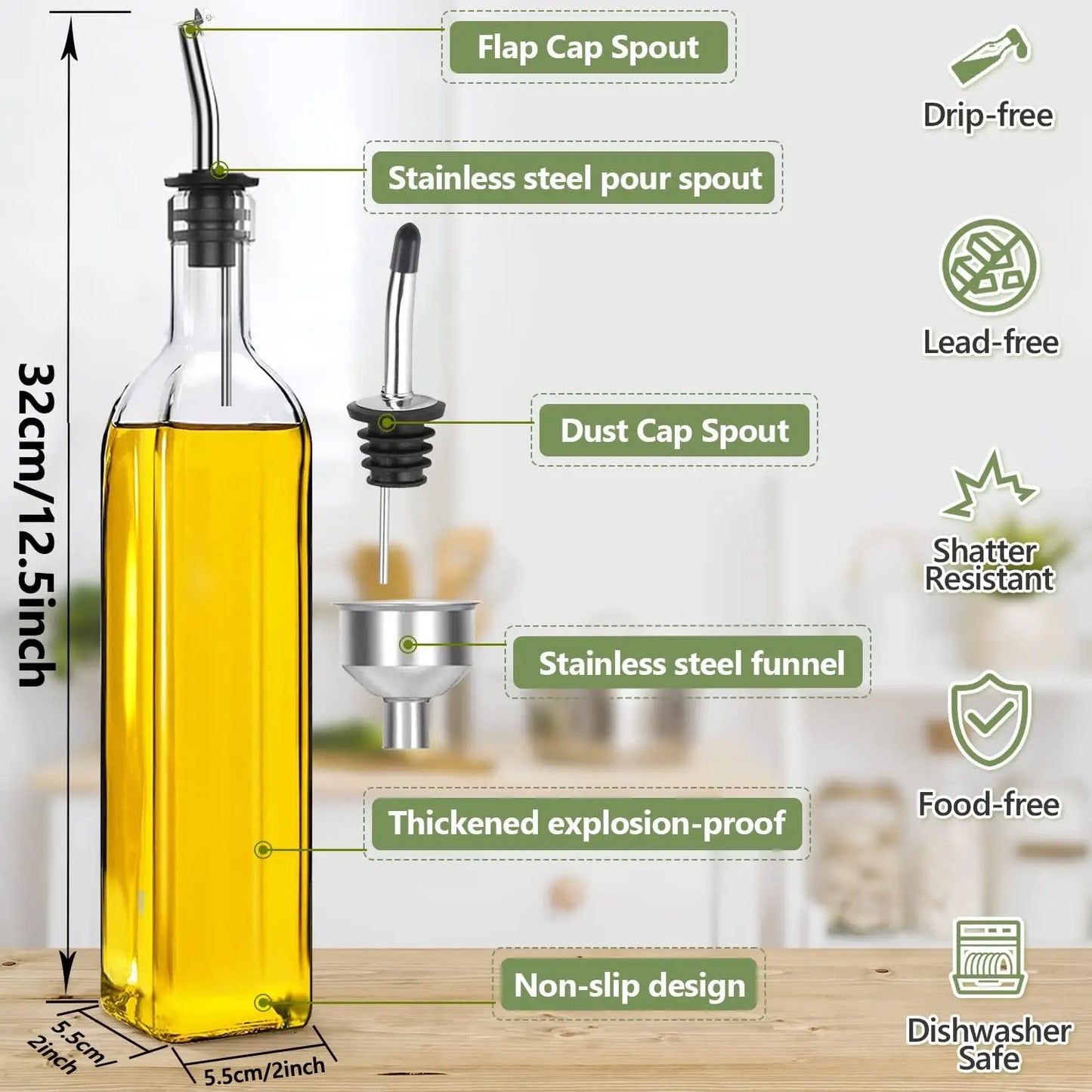 Clear Glass Olive Oil Dispenser with Stainless Pourers and Accessories