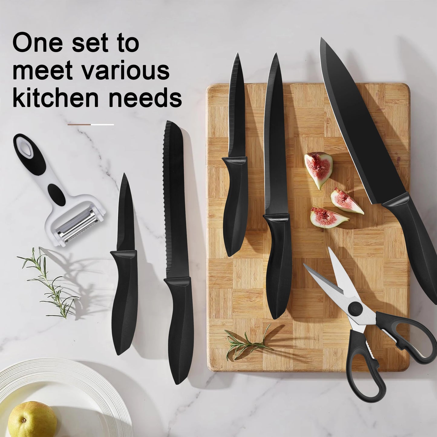 10Pcs Black Coated Kitchen Knife Set with Stainless Steel Universal Knife Block, Sharp Chef Bread Paring Knives + Peeler Scissors Mini Sharpener, Multi-purpose Household Cooking Cutlery Gift Set