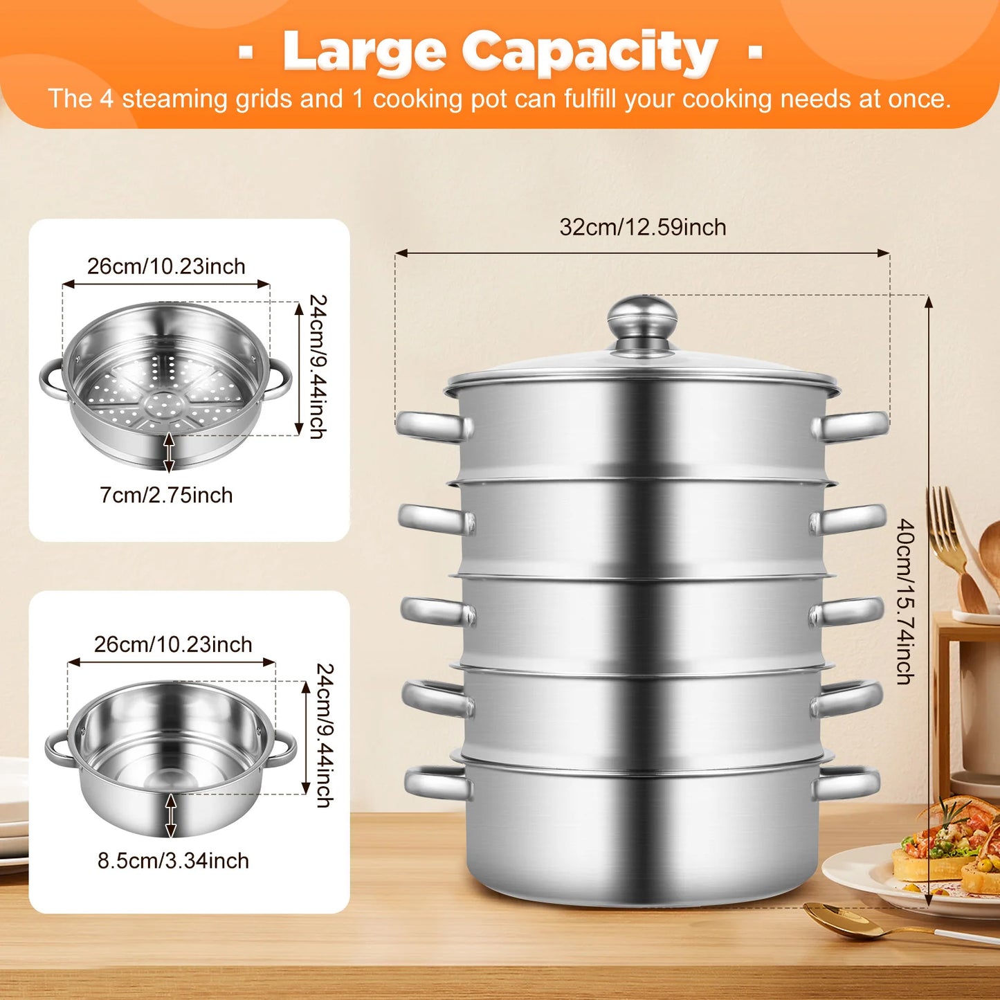 Five-Tier Stainless Steel Steamer Pot With Steaming Grids
