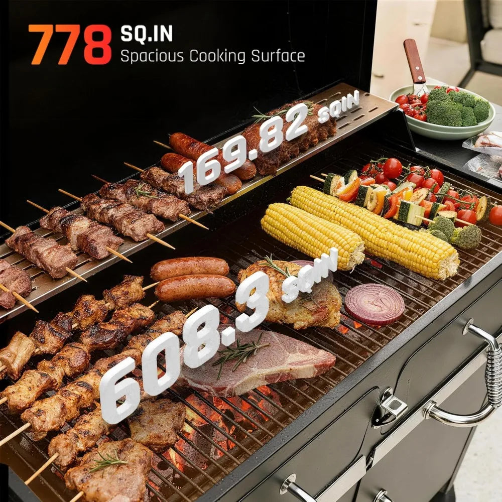 Charcoal Dual-Zone Grill Smoker With Foldable Side Tables