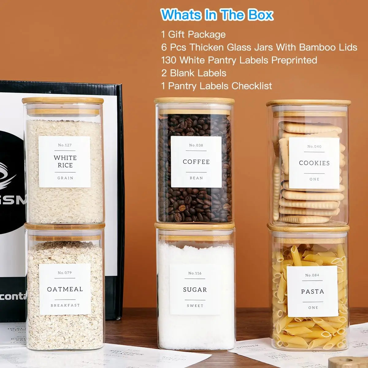 Square Glass Canisters Set With Airtight Lids And Pantry Labels