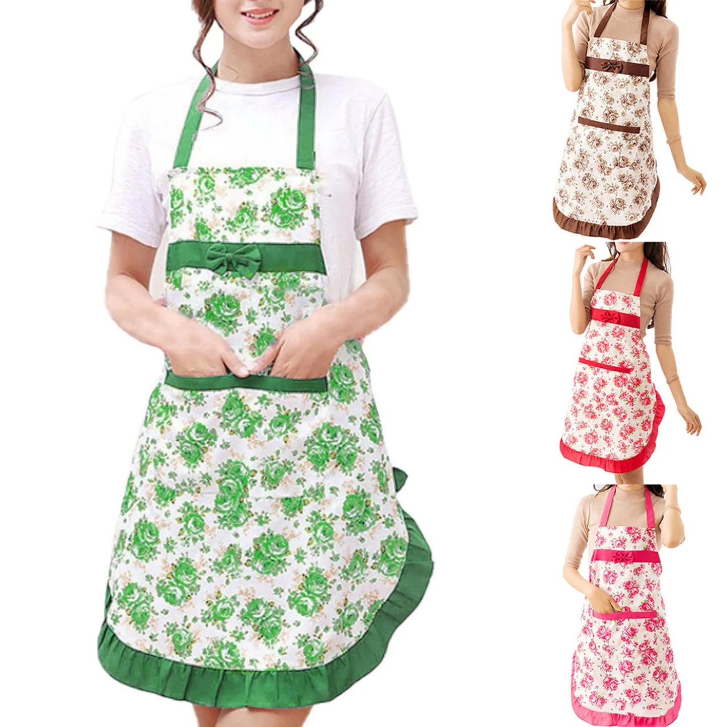 Cotton Canvas Floral Women's Oilproof Apron With Pockets And Belt