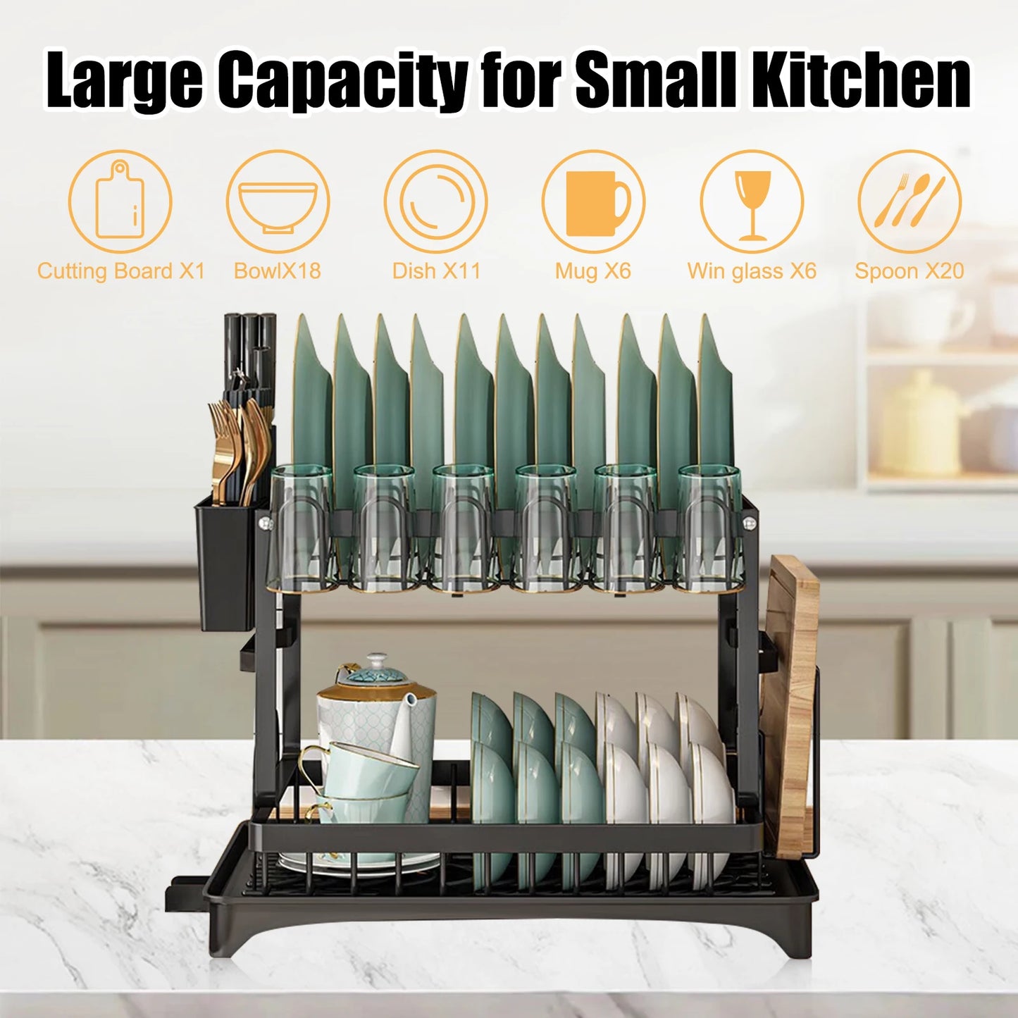 Sturdy Stainless Steel Two-Tier Dish Rack With Drainer