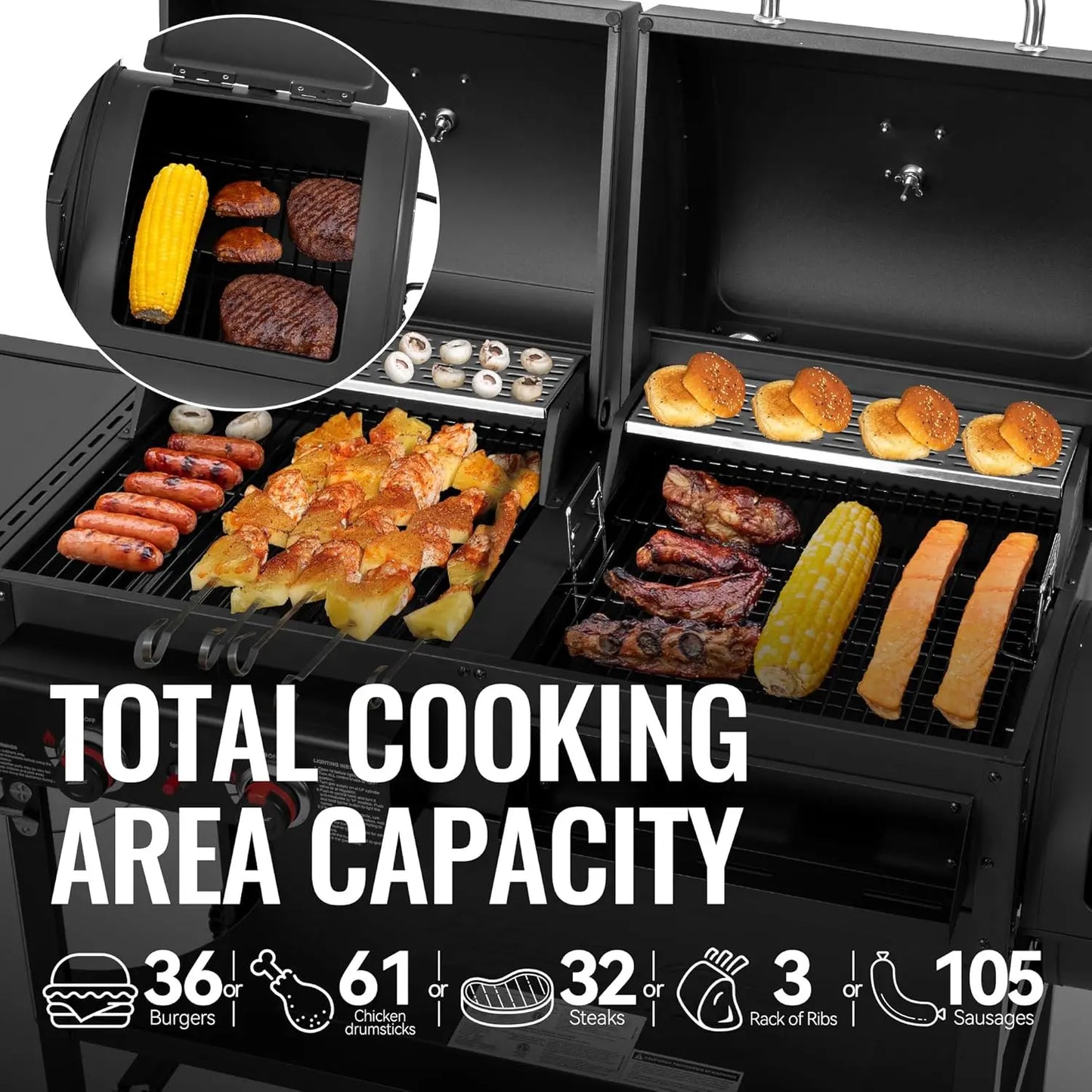 2 Burner Gas And Charcoal Combo Grill With Offset Smoker
