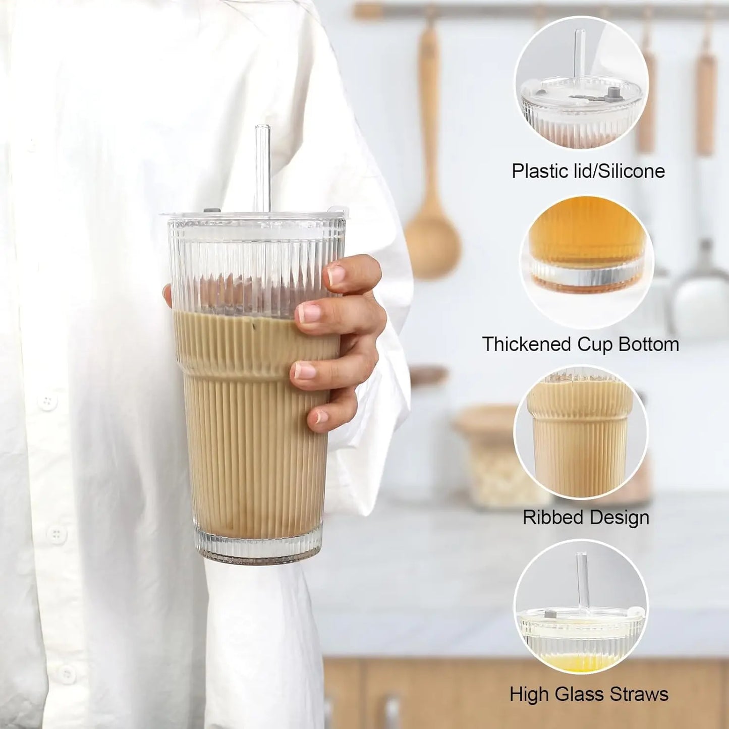 Glass Cold Cup With 2-In-1 Straw Lid Lipstick Transfer Resistant