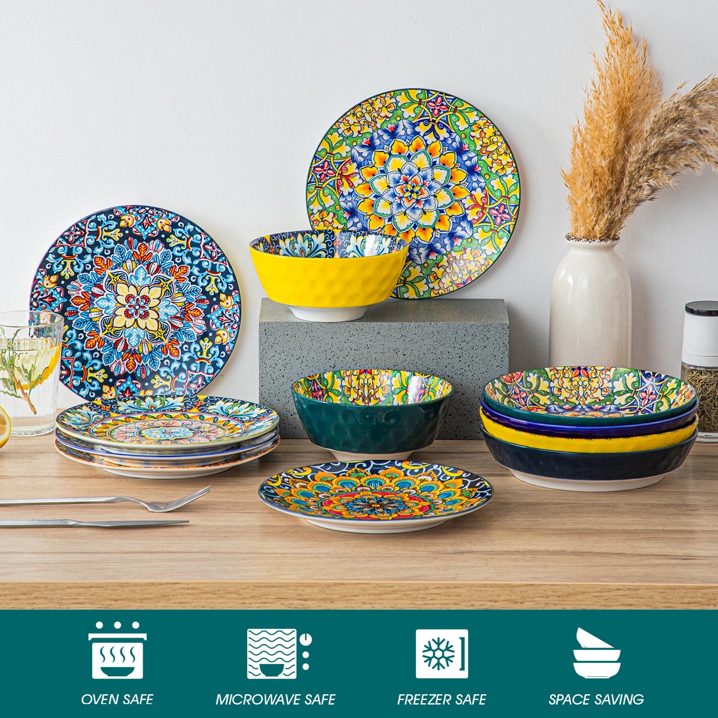 MALACASA 24 Piece Ceramic Dinnerware Set Bohemian Style