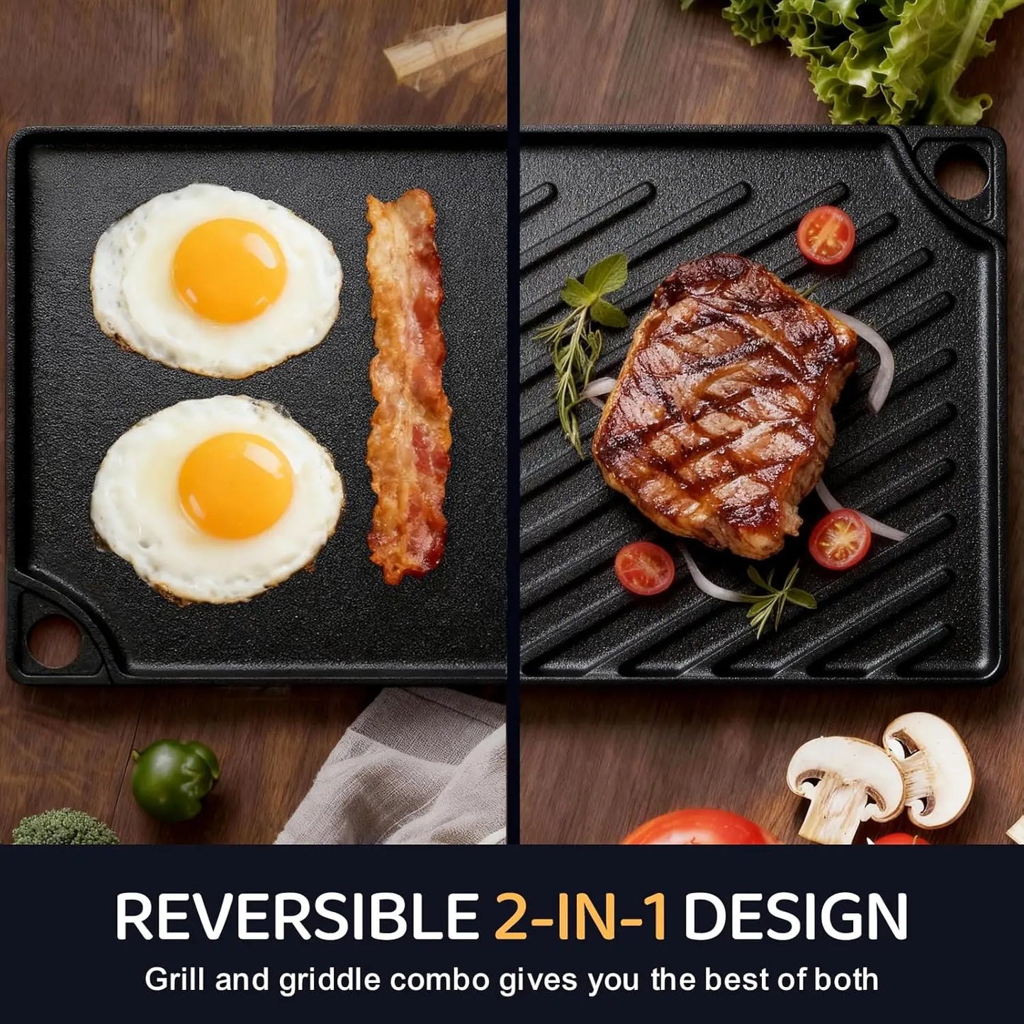 Pre-Seasoned Reversible Cast Iron Grill Griddle For Stove Oven Campfire