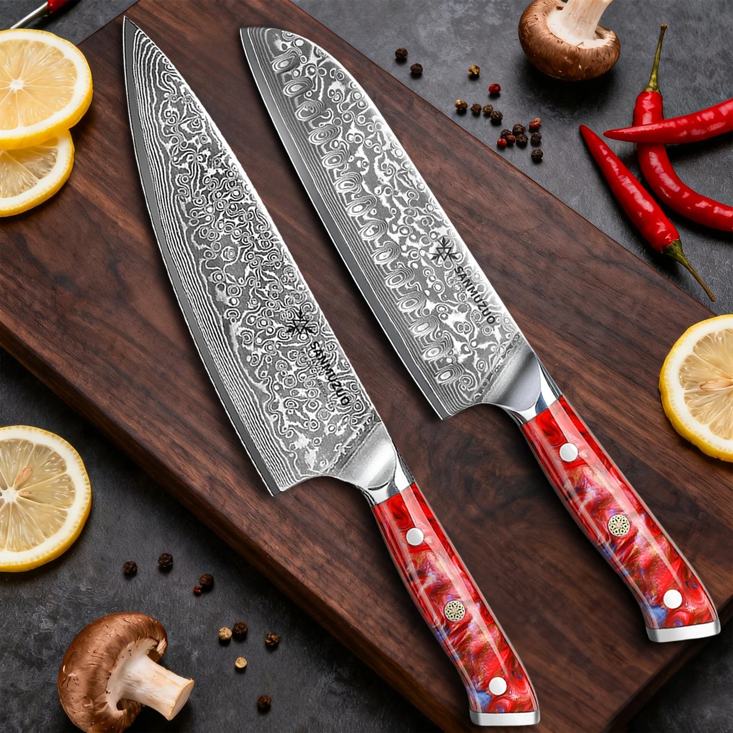 Damascus Steel Kitchen Knife Set With Resin Handles Chef Santoku Bread Paring